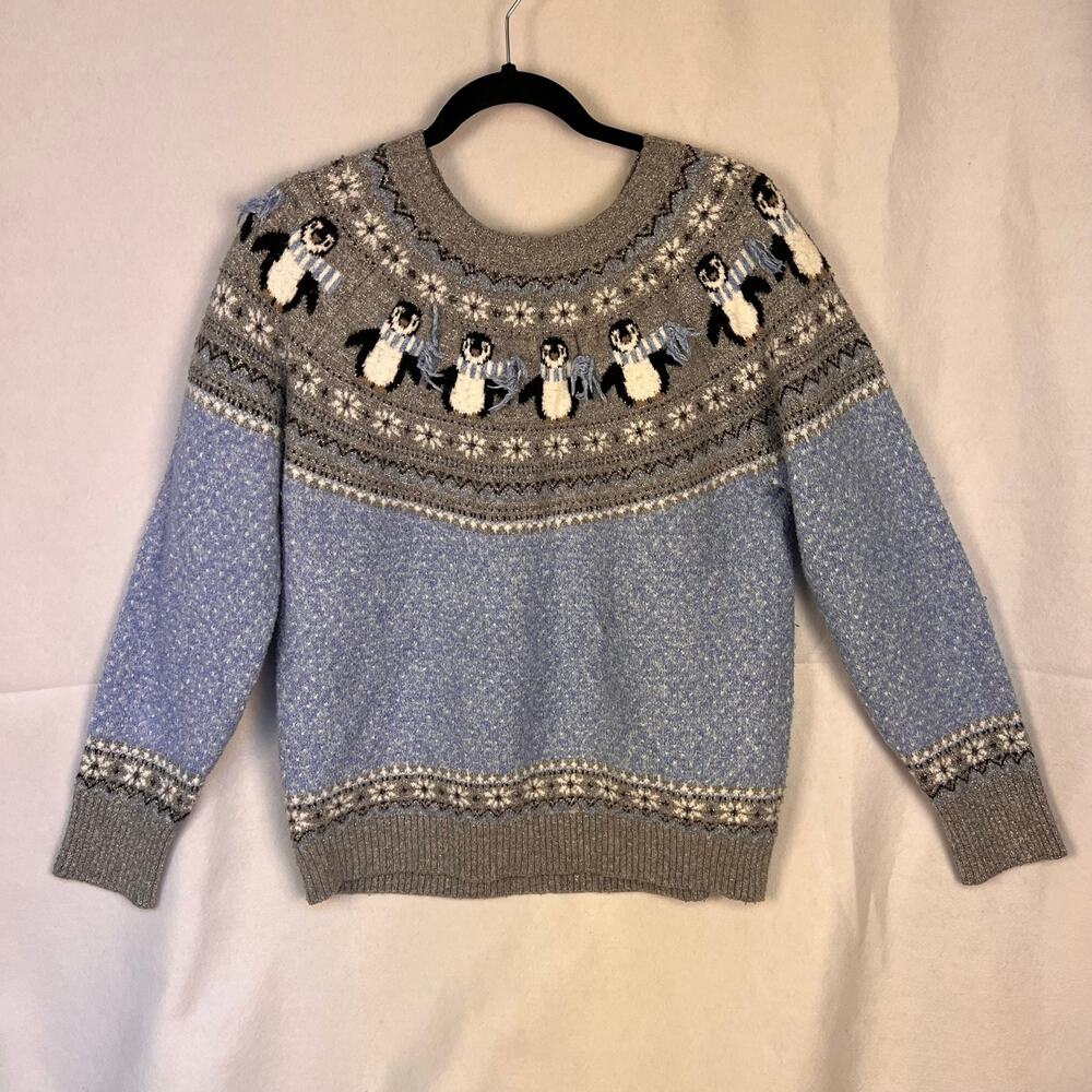 Holiday Time Penguin Fair Isle Sweater XL 16-18 Blue Gray Metallic Winter EUC